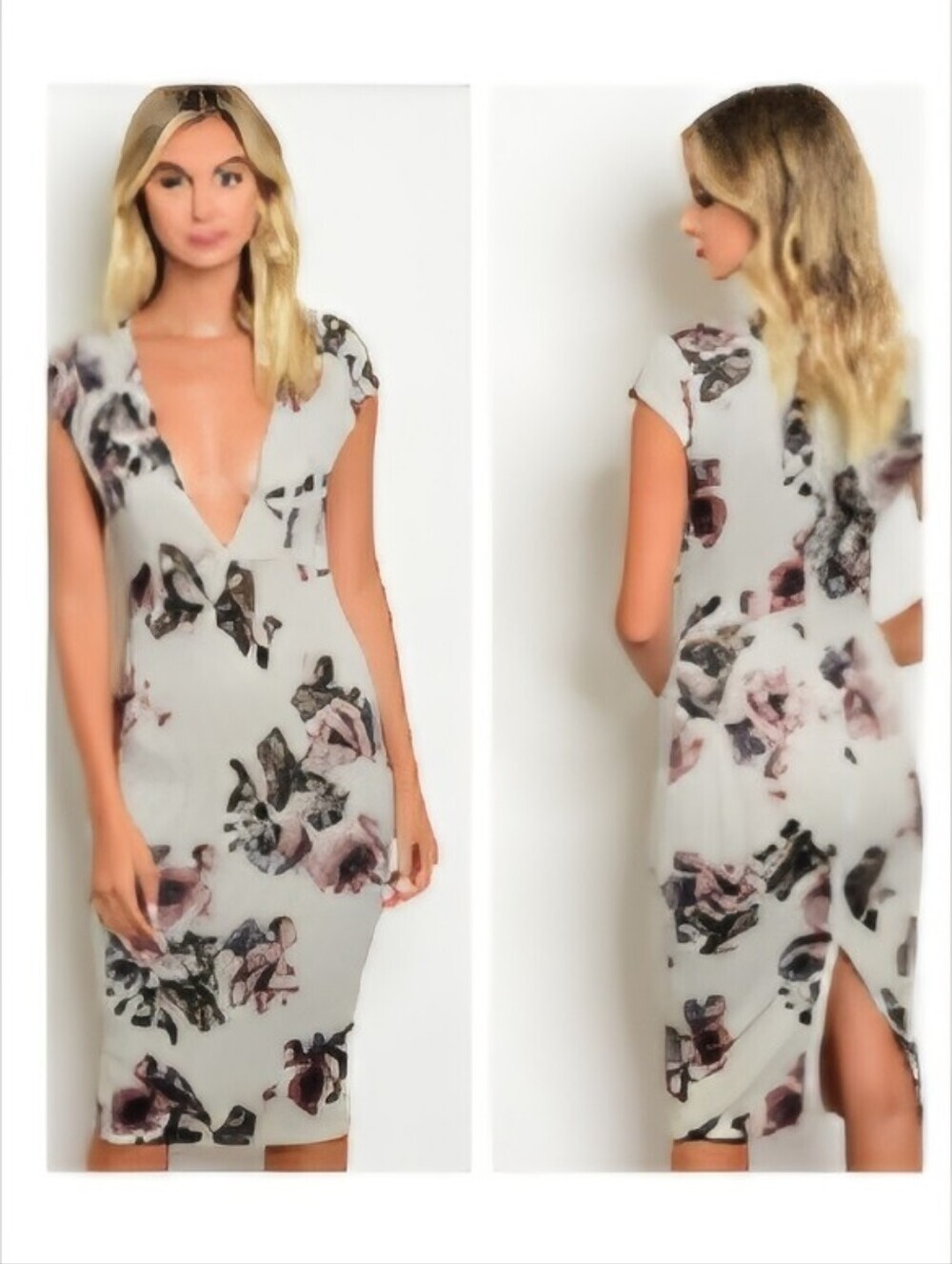 Parvenue Deep V-Neck Cream Floral Midi Dress with Pink Accents Size L, NWOT!